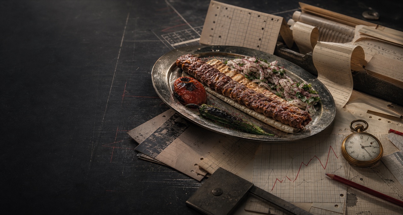 Koyu bir araştırma masasında Adana kebap, fiyat fişleri, grafik kâğıtları ve cep saati